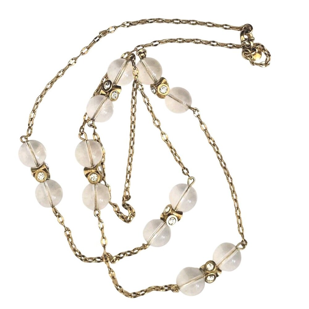 J.Crew Clear Glass Ball & Rhinestone Station Long Gold Tone Chain Necklace